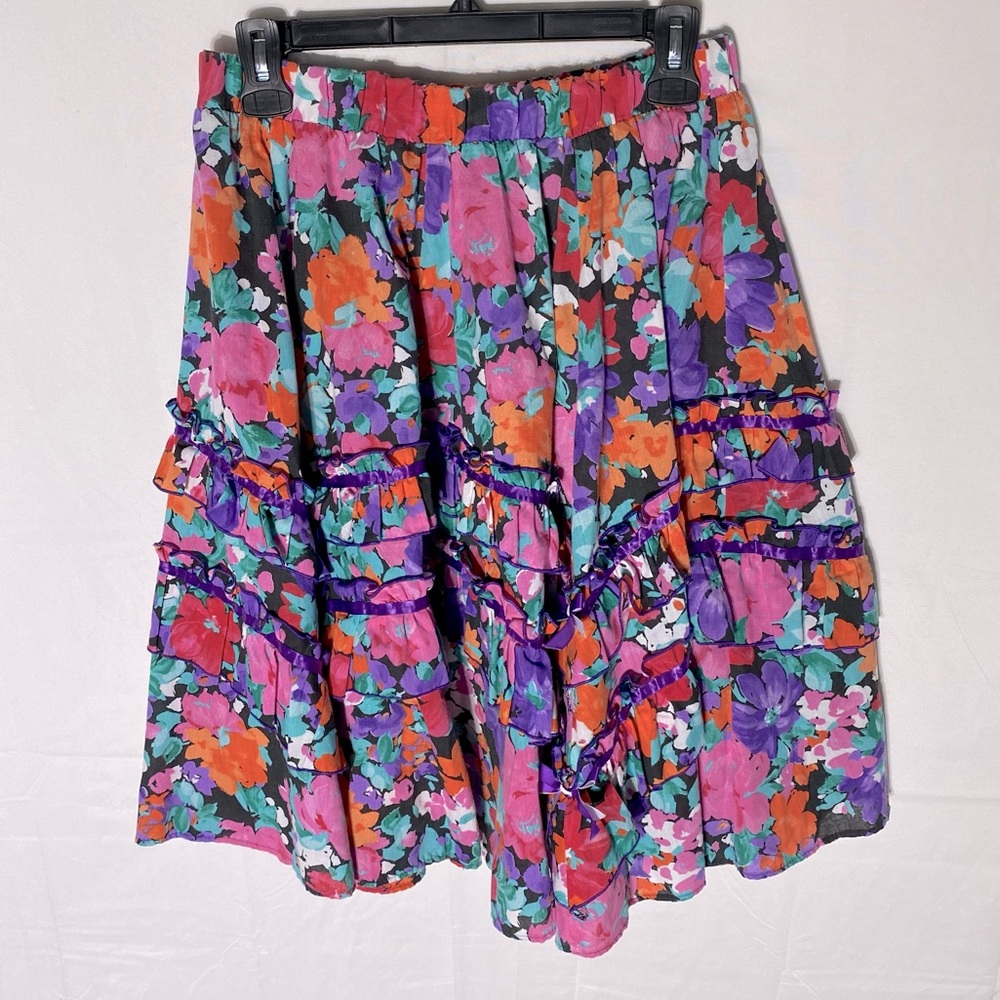 Vintage Square Dance Collections Pink Purple Floral Ruffled Tiered Skirt M
